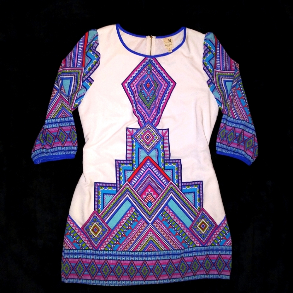 Pink Owl 3/4 Sleeve Boho Tunic Dress Large